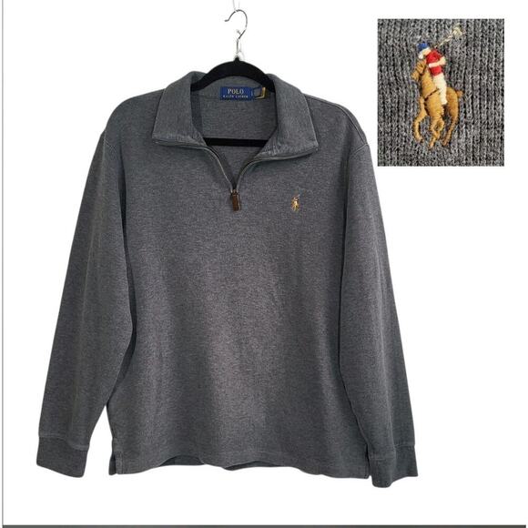 POLO RALPH LAUREN Estate Rib 1/4 Zip Sweater Men's Large Gray Flesh Pony Preppy - Picture 1 of 11